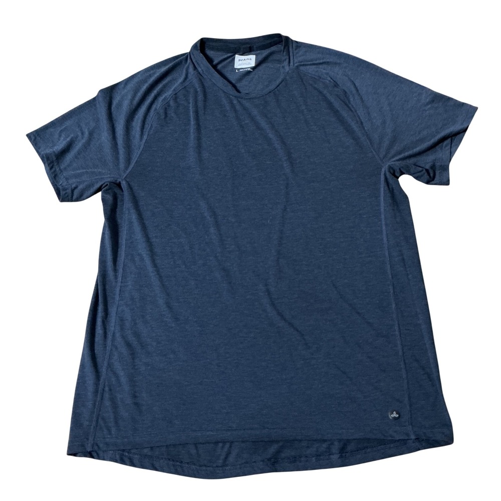 Prana Active Performance Tee Mens L Navy Heathered Raglan Short Sleeve Shirt